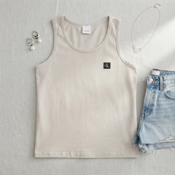Calvin Klein Other - Calvin Klein Tank Top Mens Beige CK Logo Patch Minimalist Streetwear Style